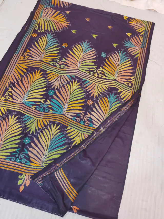 Plum Purple Blended Bangalore Silk Hand Kantha Stitch Palm Leaf Frond Pallu Saree