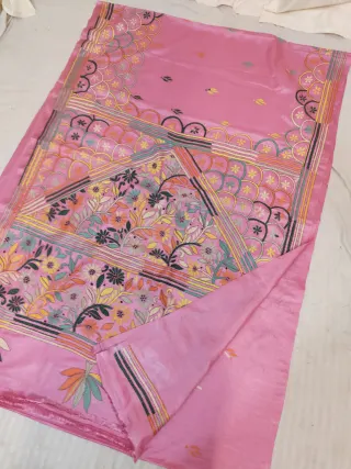 Baby Pink Blended Bangalore Silk Hand Kantha Stitch Diagonal Floral Jaal and Scallop Pallu Saree