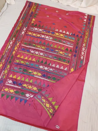 Rani Pink Dual Tone with Orange Blended Bangalore Silk Hand Kantha Stitch Geometric Diamond Pallu Saree