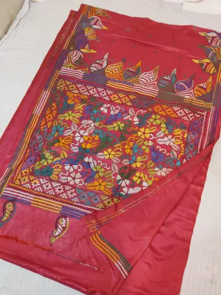 Crimson Red Blended Bangalore Silk Hand Kantha Stitch Arched Floral Garden and Kalka Pallu Saree