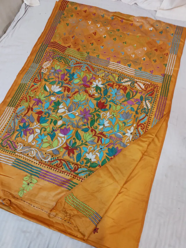 Mustard Yellow Blended Bangalore Silk Hand Kantha Stitch Floral Garden Jaal and Kalka Pallu Saree