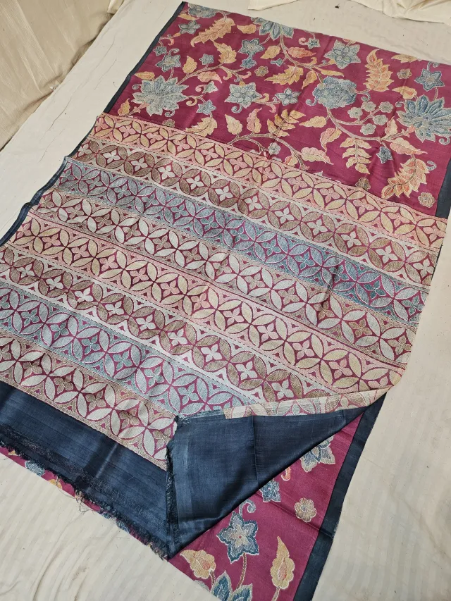 Deep Berry Wine Pure Murshidabad Silk Saree with Katan Madhubani Geometric Trellis & Floral Print Pallu