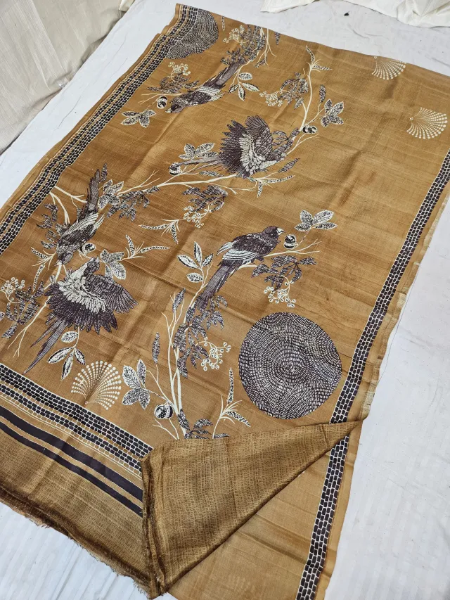 Mustard Ochre Pure Murshidabad Silk Saree with Katan Madhubani Songbird & Nature Landscape Print Pallu