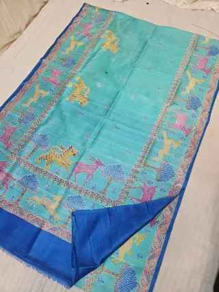 Sea Green Pure Murshidabad Silk Saree with Katan Madhubani Royal Tiger & Wildlife Forest Print Pallu