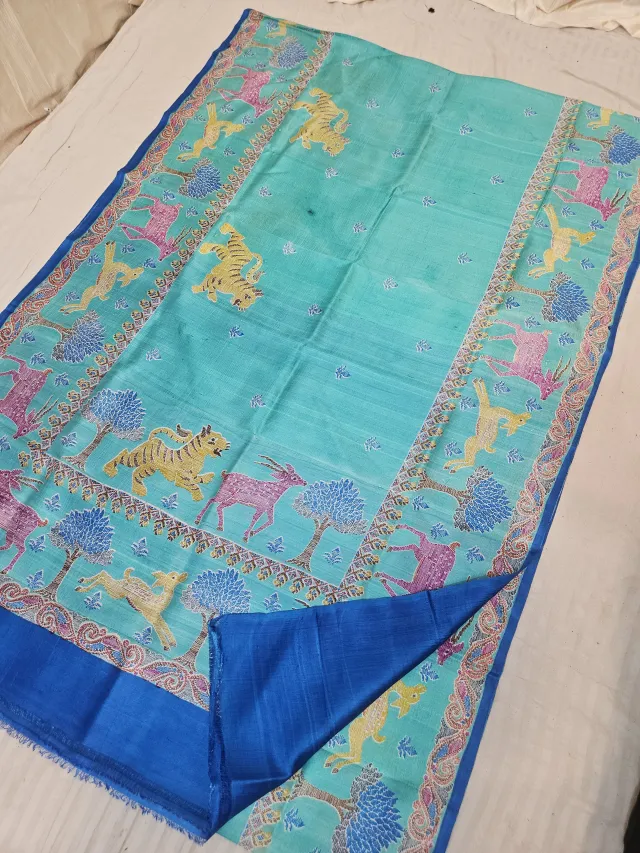 Sea Green Pure Murshidabad Silk Saree with Katan Madhubani Royal Tiger & Wildlife Forest Print Pallu