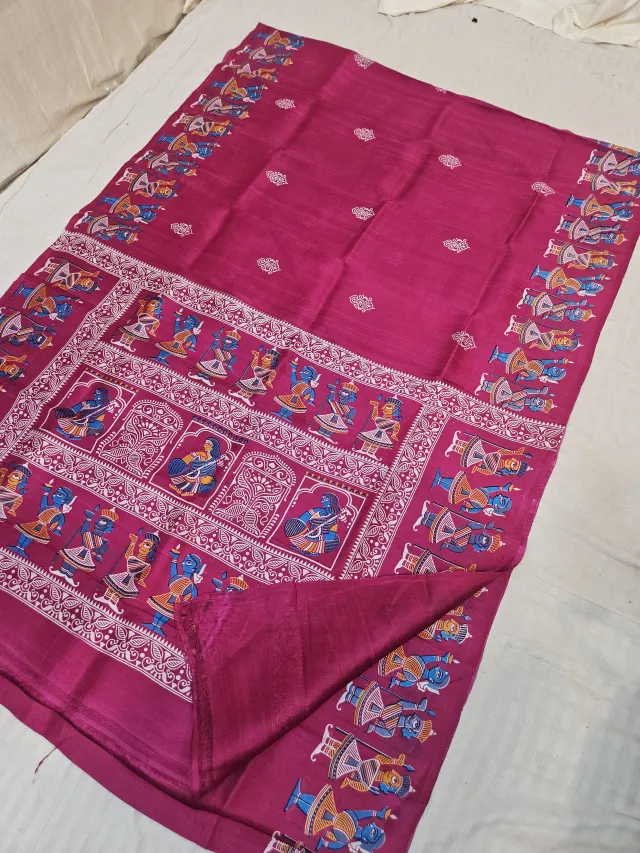 Rani Magenta Pure Murshidabad Silk Saree with Katan Madhubani Folklore Musician & Dancer Print Pallu