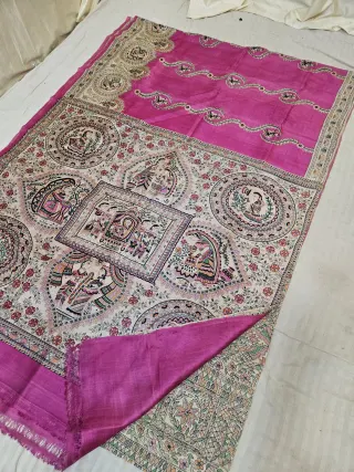 Rani Pink Pure Murshidabad Silk Saree with Katan Madhubani Mythological Wedding Narrative & Medallion Print Pallu