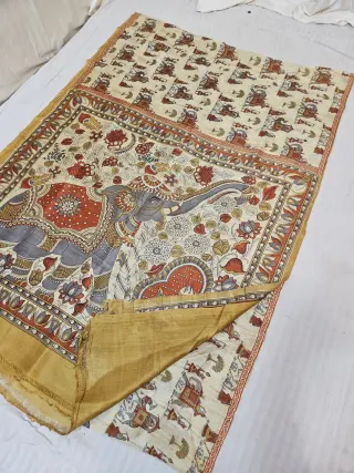 Beige Cream Pure Murshidabad Silk Saree with Katan Madhubani Royal Elephant & Court Procession Print Pallu