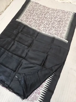 Jet Black Pure Murshidabad Silk Saree with Katan Madhubani Botanical Foliage & Temple Spire Pallu