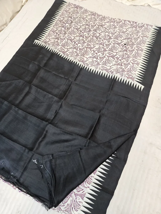 Jet Black Pure Murshidabad Silk Saree with Katan Madhubani Botanical Foliage & Temple Spire Pallu