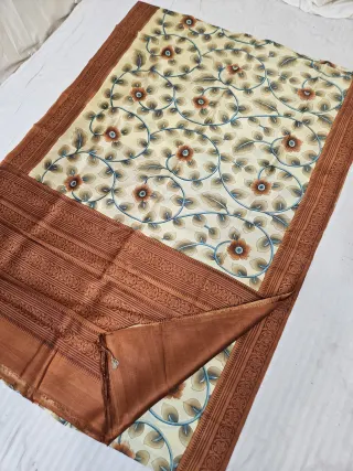 Ivory Cream & Rust Copper Pure Murshidabad Silk Saree with Katan Madhubani Swirling Floral Vine Jaal & Medallion Pallu