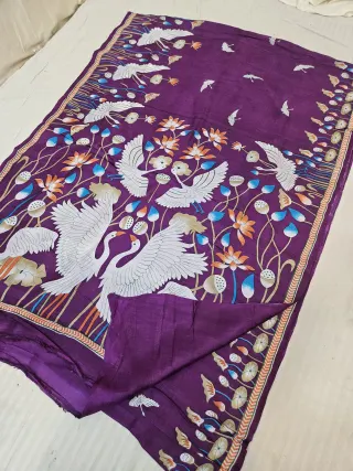 Royal Purple Pure Murshidabad Silk Saree with Katan Madhubani White Crane & Lotus Pond Print Pallu
