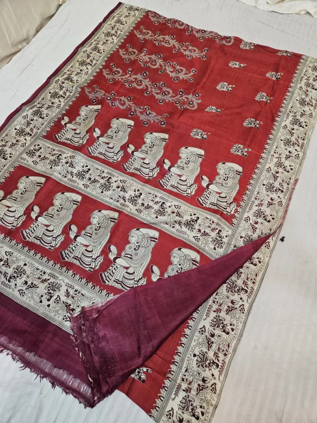 Deep Crimson Red Pure Murshidabad Silk Saree with Katan Madhubani Classical Figurine & Darpan Print Pallu