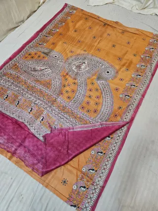Golden Yellow Pure Murshidabad Silk Saree with Katan Madhubani Twin Peacock & Figurine Print Pallu