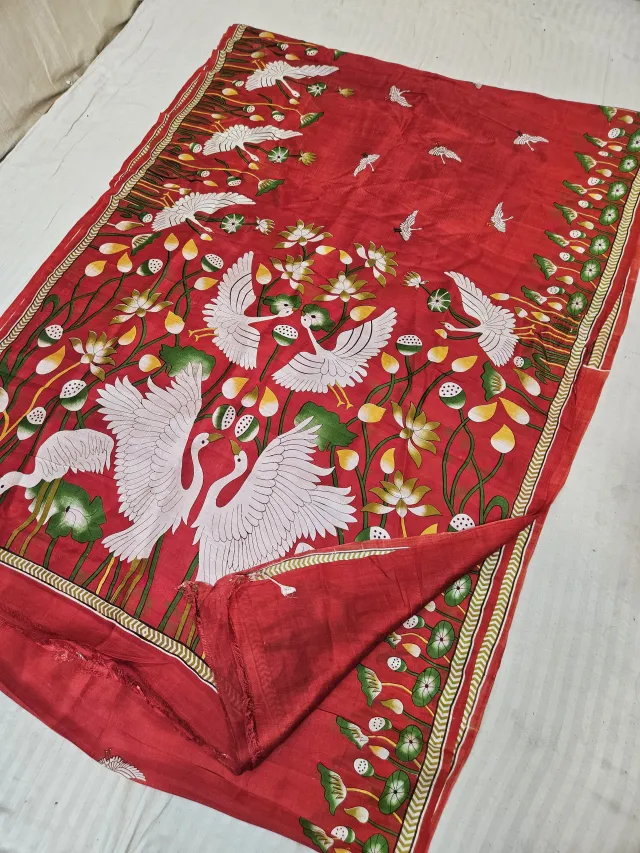 Crimson Red Pure Murshidabad Silk Saree with Katan Madhubani White Crane & Lotus Pond Print Pall