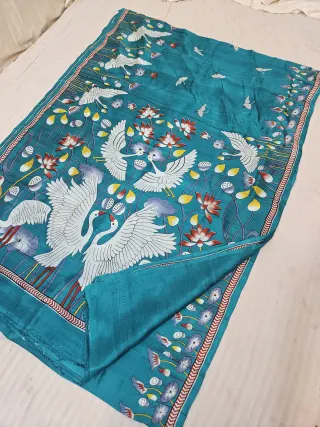 Teal Blue Pure Murshidabad Silk Saree with Katan Madhubani White Crane & Lotus Pond Print Pallu