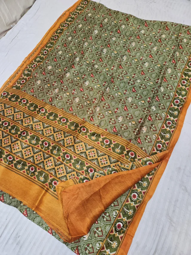 Olive Green Pure Murshidabad Silk Saree with Katan Madhubani Traditional Tile Grid & Chevron Pallu