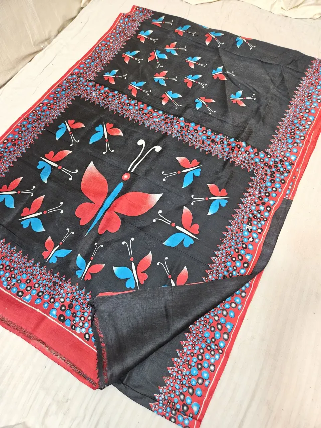 Jet Black Pure Murshidabad Silk Saree with Katan Madhubani Oversized Butterfly & Mosaic Bubble Pallu
