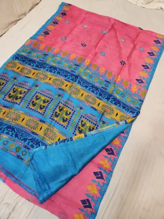Cyan Blue Pure Murshidabad Silk Saree with Katan Madhubani Songbird & Geometric Tribal Pallu