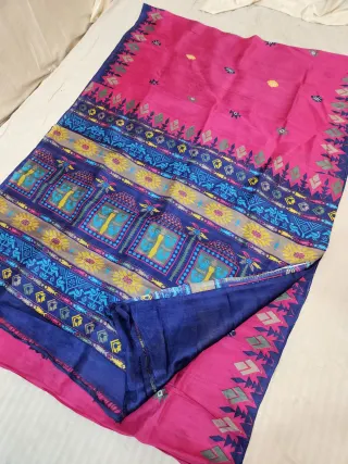 Rani Pink & Royal Blue Pure Murshidabad Silk Saree with Katan Madhubani Folk Shrine & Tribal Chevron Pallu