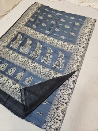Slate Grey Pure Murshidabad Silk Saree with Katan Madhubani Water Bearer Figurine & Folklore Pallu