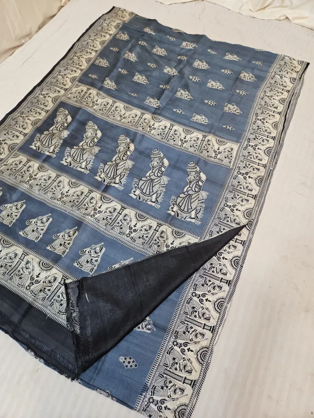 Slate Grey Pure Murshidabad Silk Saree with Katan Madhubani Water Bearer Figurine & Folklore Pallu