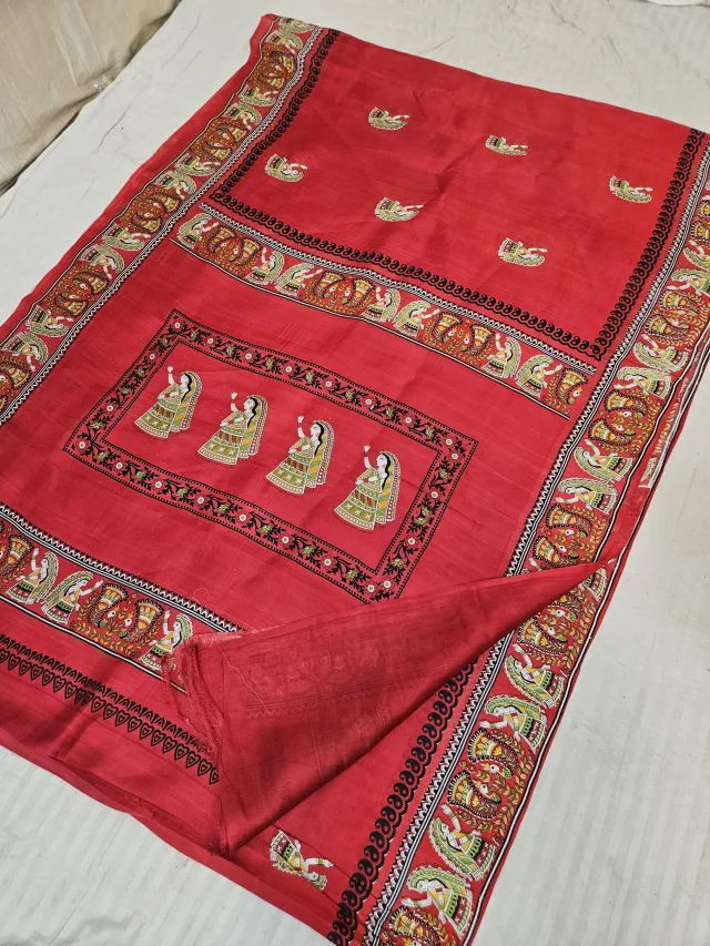 Crimson Red Pure Murshidabad Silk Saree with Katan Madhubani Classical Royal Lady & Procession Pallu