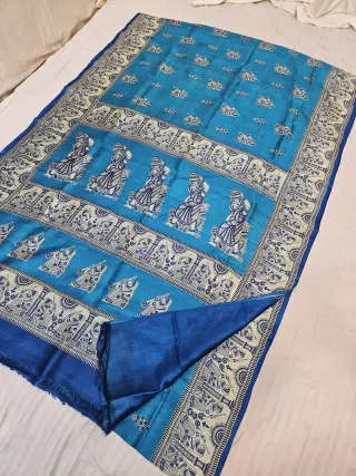 Teal Blue Pure Murshidabad Silk Saree with Katan Madhubani Water Bearer Figurine & Folklore Pallu