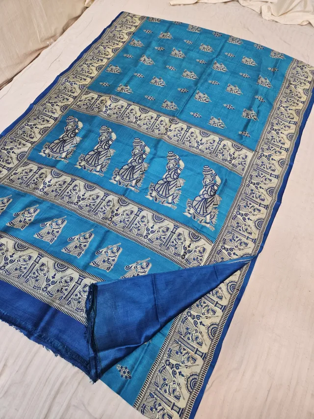 Teal Blue Pure Murshidabad Silk Saree with Katan Madhubani Water Bearer Figurine & Folklore Pallu