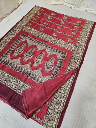 Dual Tone Crimson Red & Maroon Pure Murshidabad Silk Saree with Katan Madhubani Flame Kalka & Peacock Pallu