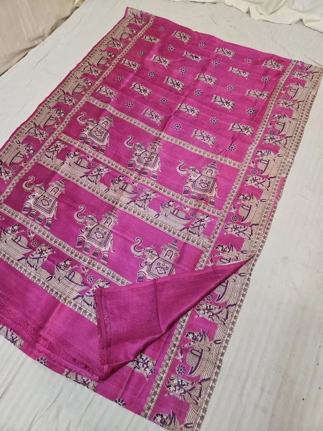Plain Pink Pure Murshidabad Silk Saree with Katan Madhubani Royal Elephant & Boat Procession Pallu