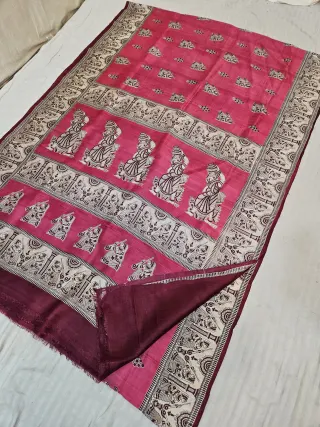 Rani Pink Pure Murshidabad Silk Saree with Katan Madhubani Water Bearer Figurine & Folklore Pallu