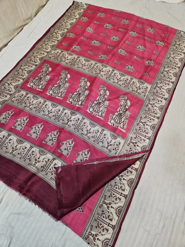 Rani Pink Pure Murshidabad Silk Saree with Katan Madhubani Water Bearer Figurine & Folklore Pallu