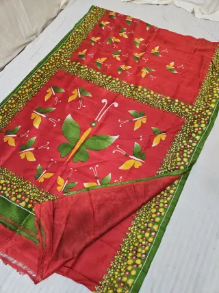 Crimson Red Pure Murshidabad Silk Saree with Katan Madhubani Oversized Butterfly & Green Mosaic Bubble Pallu