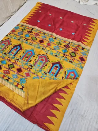 Dual Tone Crimson Red & Golden Yellow Pure Murshidabad Silk Saree with Katan Madhubani Folk Shrine & Temple Border Pallu