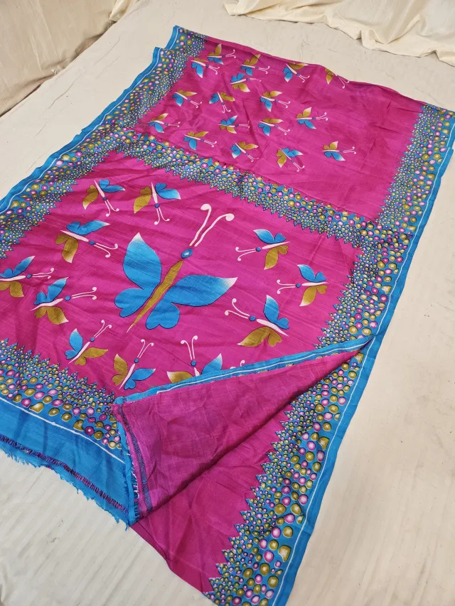 Rani Pink Pure Murshidabad Silk Saree with Katan Madhubani Oversized Butterfly & Cyan Mosaic Bubble Pallu