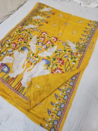 Mustard Yellow Pure Murshidabad Silk Saree with Katan Madhubani White Crane & Lotus Pond Print Pallu