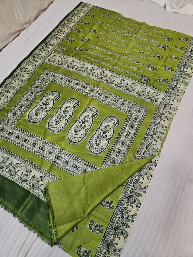 Olive Green Pure Murshidabad Silk Saree with Katan Madhubani Classical Dancer Kalka & Rosette Pallu