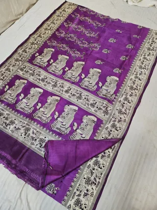 Royal Purple Pure Murshidabad Silk Saree with Katan Madhubani Seated Shringara Figurine & Folklore Pallu