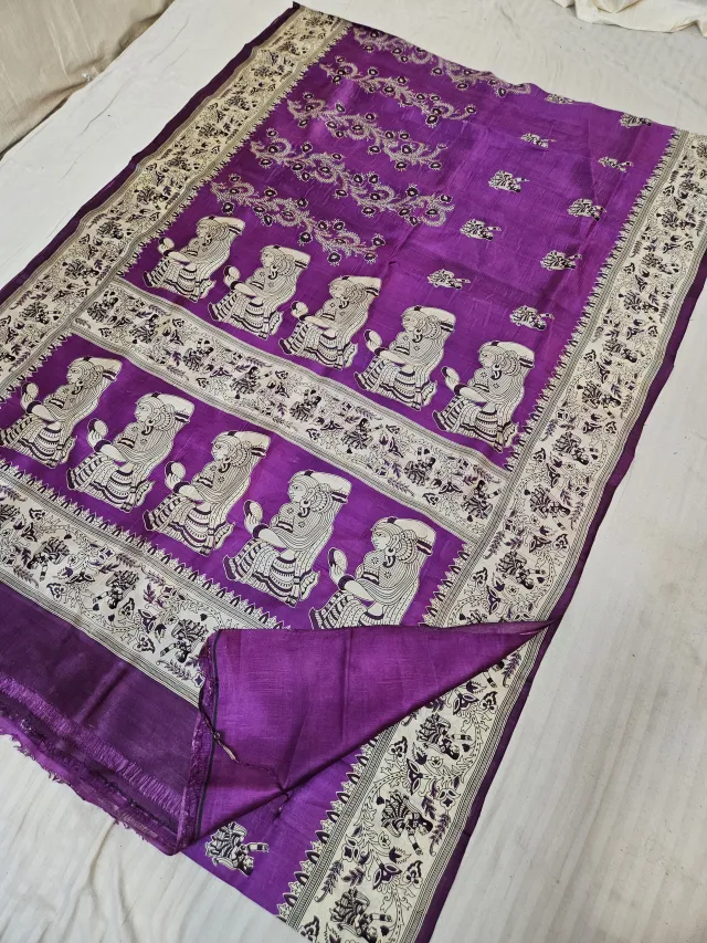 Royal Purple Pure Murshidabad Silk Saree with Katan Madhubani Seated Shringara Figurine & Folklore Pallu