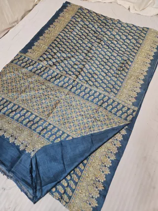 Deep Teal Blue Pure Murshidabad Silk Saree with Katan Madhubani Floral Jaal & Traditional Buti Pallu