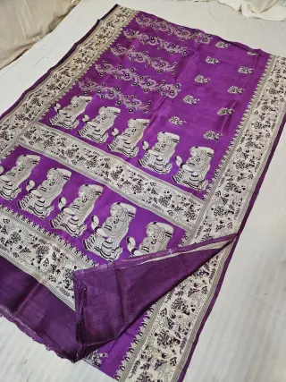 Royal Purple Pure Murshidabad Silk Saree with Katan Madhubani Seated Shringara Figurine & Folklore Pallu