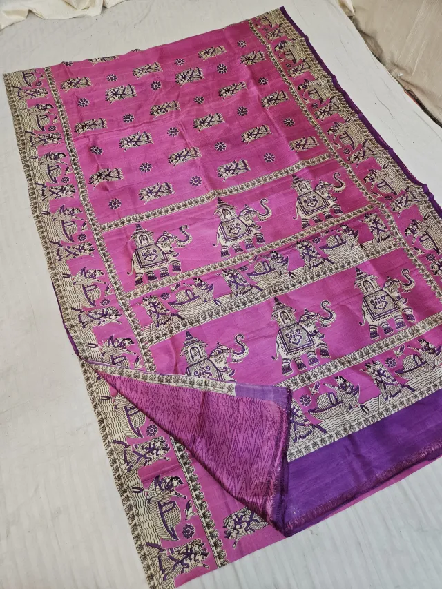Rani Pink & Purple Pure Murshidabad Silk Saree with Katan Madhubani Royal Elephant & Boat Procession Pallu