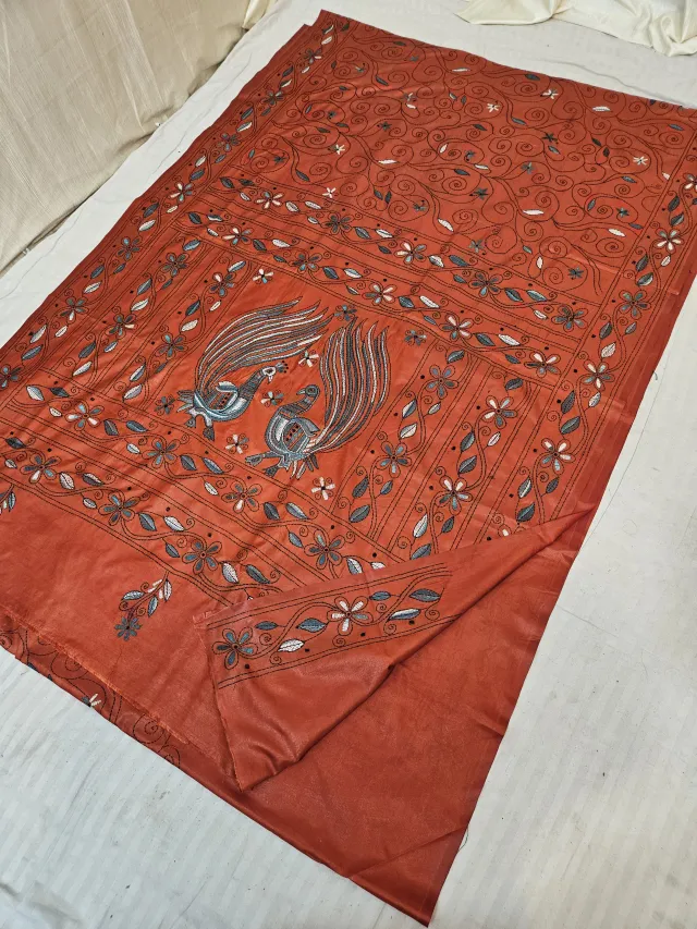 Crimson Red Blended Bangalore Silk Saree with Chalu Kantha Stitch Dancing Peacock & Floral Vine Jaal Pallu