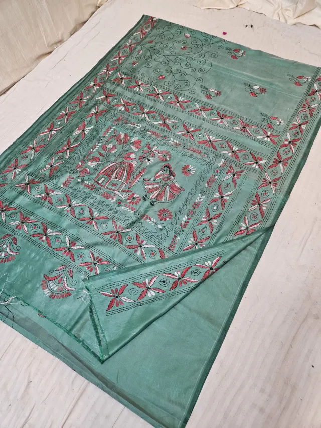 Sage Green Blended Bangalore Silk Saree with Chalu Kantha Stitch Village Maiden & Floral Jaal Pallu