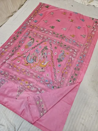 Baby Pink Blended Bangalore Silk Saree with Chalu Kantha Stitch Tree of Life Peacock & Paisley Pallu