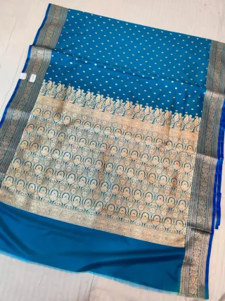 Teal Blue Mashru Katan Silk Saree with All-Over Zari Booti & Intricate Feather Jaal Pallu