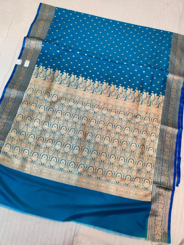 Teal Blue Mashru Katan Silk Saree with All-Over Zari Booti & Intricate Feather Jaal Pallu