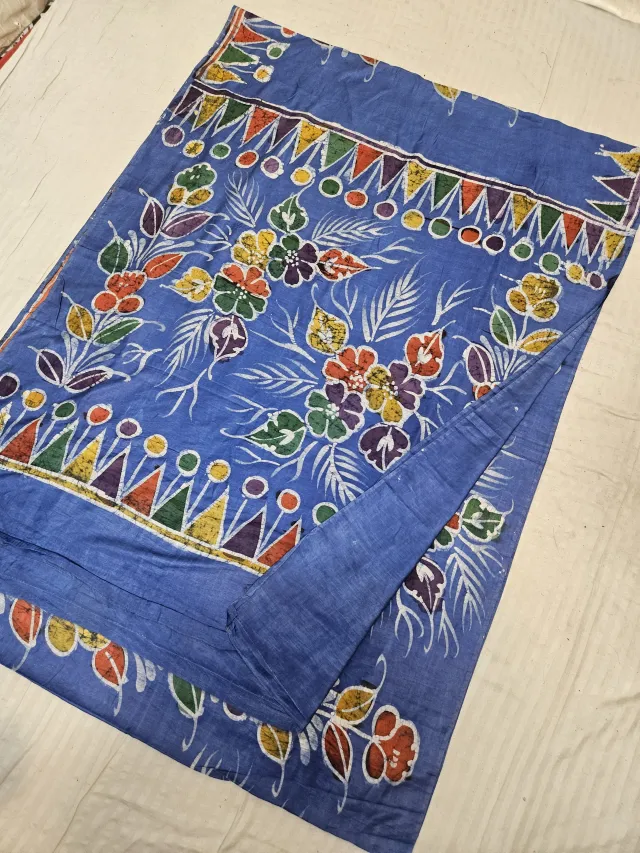 Cerulean Blue Pure Cotton Bafta Hand Batik Print Floral Bouquet Pallu Saree