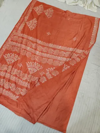 Terracotta Orange Pure Cotton Bafta Hand Batik Print Crown Motif and Spiral Pallu Saree